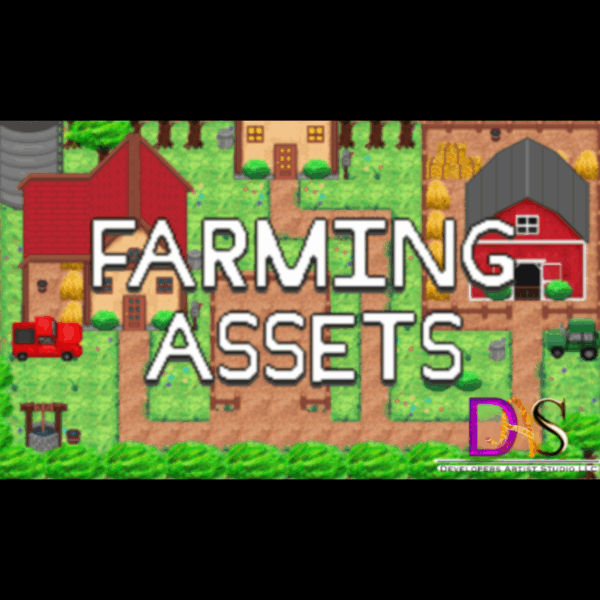 Farming Assets 2D pixel art tiles and sprites for video games, including crops, tools, soil, and farming elements for simulation games.