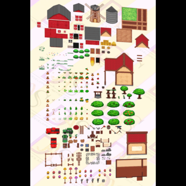 Farming Assets 2D pixel art tiles and sprites for video games, including crops, tools, soil, and farming elements for simulation games.