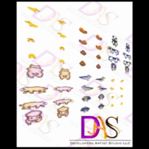 Farming Assets 2D pixel art tiles and sprites for video games, including crops, tools, soil, and farming elements for simulation games.