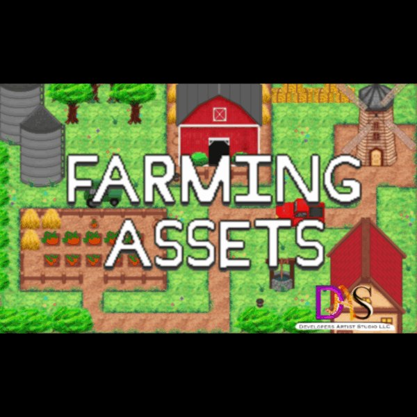 Farming Assets 2D pixel art tiles and sprites for video games, including crops, tools, soil, and farming elements for simulation games.