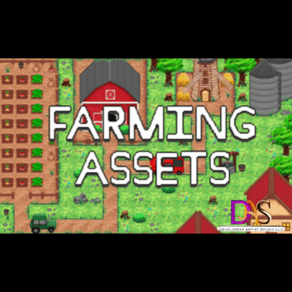 Farming Assets 2D pixel art tiles and sprites for video games, including crops, tools, soil, and farming elements for simulation games.