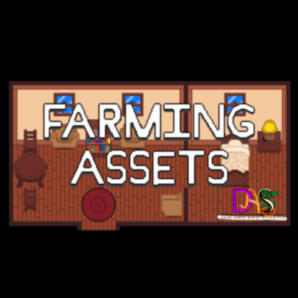 Farming Assets 2D pixel art tiles and sprites for video games, including crops, tools, soil, and farming elements for simulation games.
