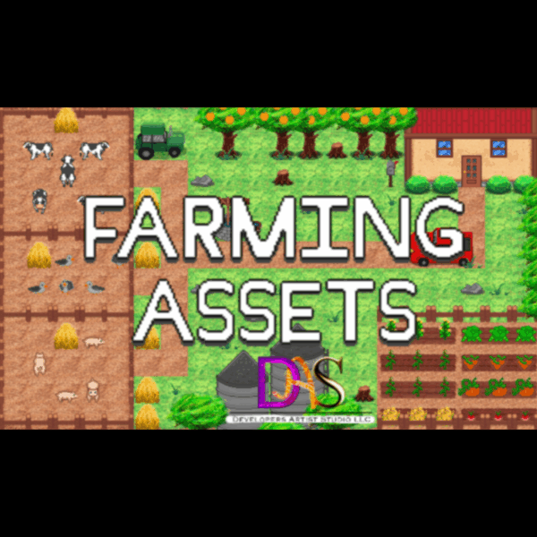 Farming Assets 2D pixel art tiles and sprites for video games, including crops, tools, soil, and farming elements for simulation games.