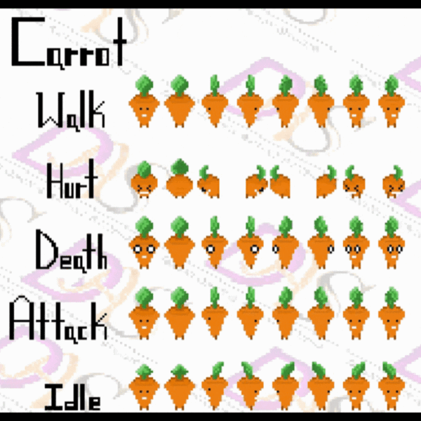 Vegie Characters – 2D animated vegetable characters designed for video games, featuring colorful sprites and dynamic animations.