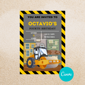 Editable Truck Birthday Invitation Template with colorful cartoon trucks and party details.