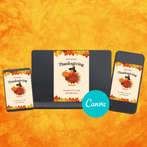 Editable Thanksgiving invitation template with festive autumn design featuring pumpkins and fall leaves.