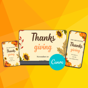 Elegant Thanksgiving invitation card featuring autumn leaves and festive typography, perfect for inviting guests to a holiday celebration.