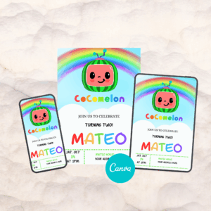 Colorful Cocomelon invitation card template featuring cartoon characters, balloons, and editable party details on a playful background.