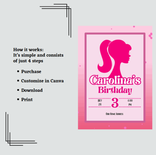 Editable Barbie Birthday Invitation Card with pink theme and stylish design.