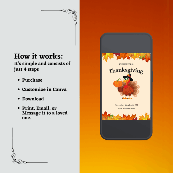 Editable Thanksgiving invitation template with festive autumn design featuring pumpkins and fall leaves.