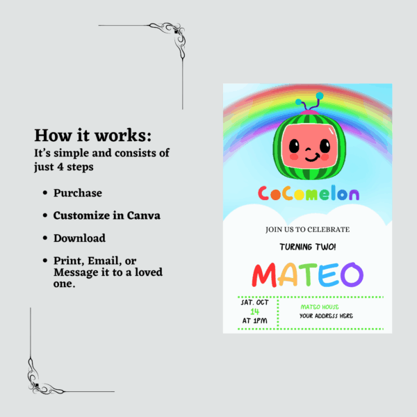 Colorful Cocomelon invitation card template featuring cartoon characters, balloons, and editable party details on a playful background.