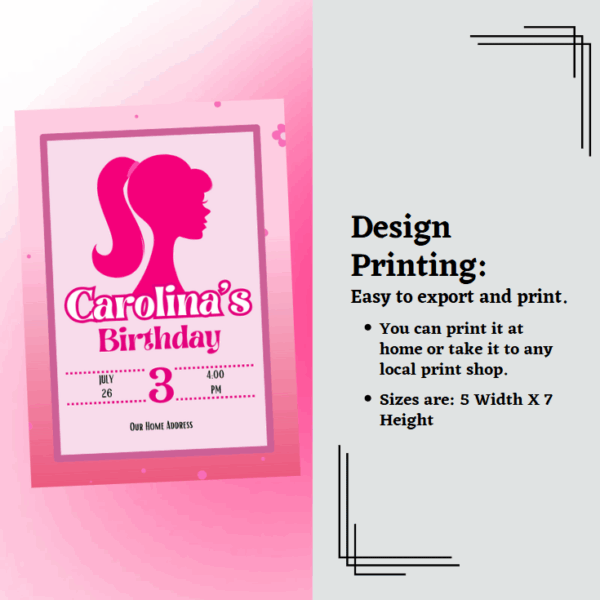 Editable Barbie Birthday Invitation Card with pink theme and stylish design.