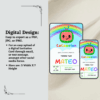 Colorful Cocomelon invitation card template featuring cartoon characters, balloons, and editable party details on a playful background.