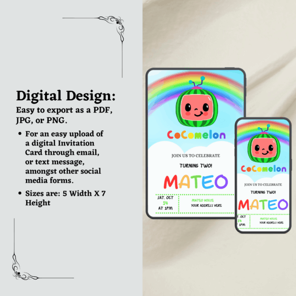 Colorful Cocomelon invitation card template featuring cartoon characters, balloons, and editable party details on a playful background.