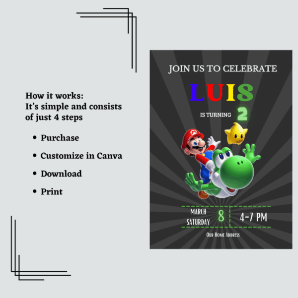 Editable Mario Birthday Invitation Card with colorful design and classic game elements.
