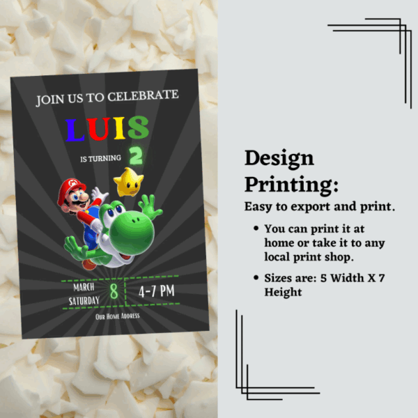 Editable Mario Birthday Invitation Card with colorful design and classic game elements.