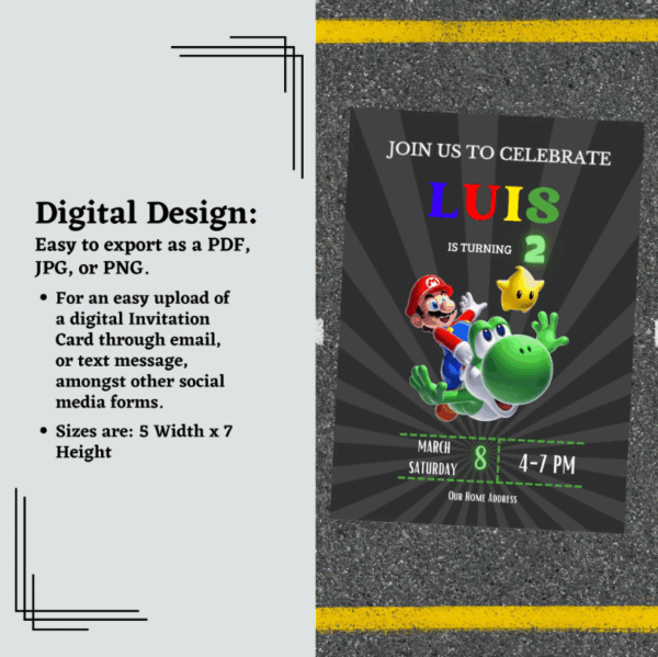 Editable Mario Birthday Invitation Card with colorful design and classic game elements.