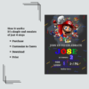 Colorful Mario Birthday Invitation Card featuring Mario and Yoshi, customizable in Canva.