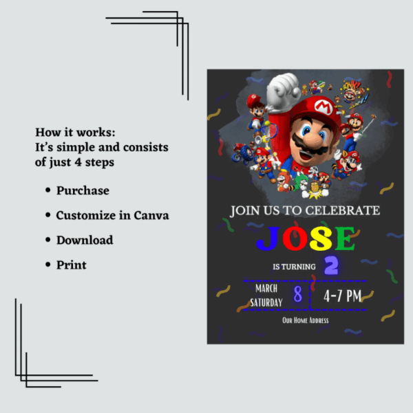 Colorful Mario Birthday Invitation Card featuring Mario and Yoshi, customizable in Canva.