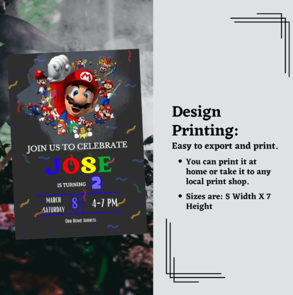 Colorful Mario Birthday Invitation Card featuring Mario and Yoshi, customizable in Canva.