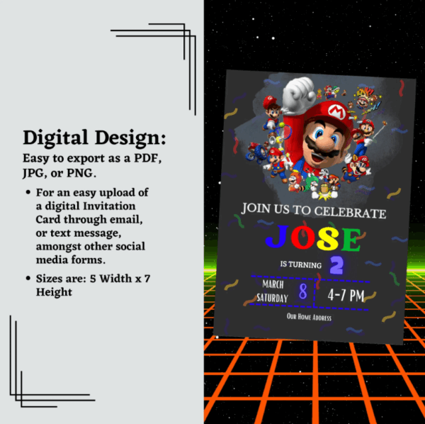 Colorful Mario Birthday Invitation Card featuring Mario and Yoshi, customizable in Canva.