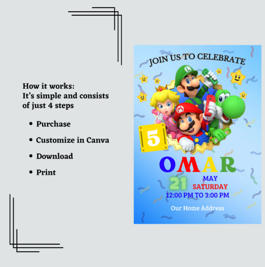 Editable Mario Birthday Invitation featuring Mario and Yoshi, with colorful video game-themed design, perfect for kids' party celebrations.