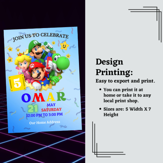 Editable Mario Birthday Invitation featuring Mario and Yoshi, with colorful video game-themed design, perfect for kids' party celebrations.
