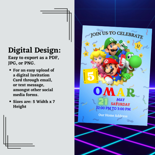 Editable Mario Birthday Invitation featuring Mario and Yoshi, with colorful video game-themed design, perfect for kids' party celebrations.