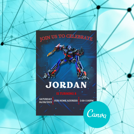 Editable Transformers birthday invitation template featuring Optimus Prime, perfect for kids' parties and instant download.