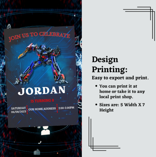 Editable Transformers birthday invitation template featuring Optimus Prime, perfect for kids' parties and instant download.