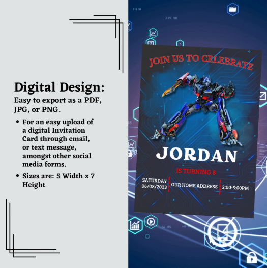 Editable Transformers birthday invitation template featuring Optimus Prime, perfect for kids' parties and instant download.