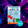 Colorful Mario Invitation Card Template featuring Mario and party elements, customizable in Canva for kids' parties.