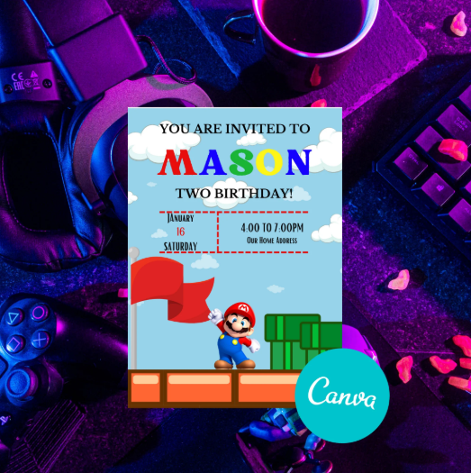 Colorful Mario Invitation Card Template featuring Mario and party elements, customizable in Canva for kids' parties.