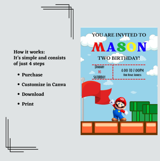 Colorful Mario Invitation Card Template featuring Mario and party elements, customizable in Canva for kids' parties.