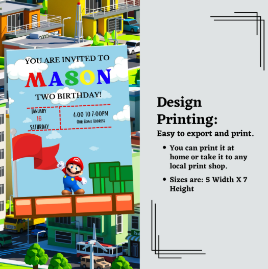 Colorful Mario Invitation Card Template featuring Mario and party elements, customizable in Canva for kids' parties.