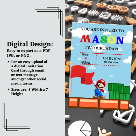 Colorful Mario Invitation Card Template featuring Mario and party elements, customizable in Canva for kids' parties.