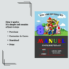 Colorful Mario Invitation Template featuring Mario and party elements, customizable text for a fun kids' celebration.