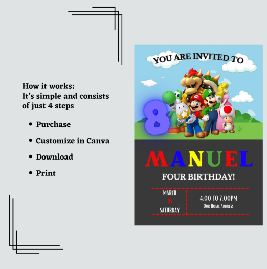 Colorful Mario Invitation Template featuring Mario and party elements, customizable text for a fun kids' celebration.