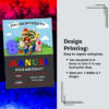 Colorful Mario Invitation Template featuring Mario and party elements, customizable text for a fun kids' celebration.