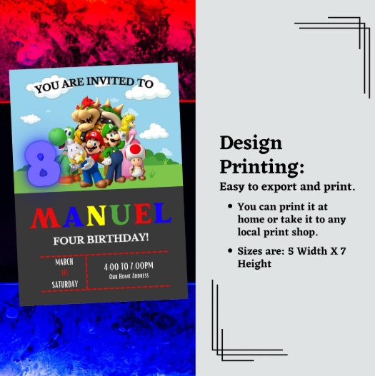 Colorful Mario Invitation Template featuring Mario and party elements, customizable text for a fun kids' celebration.