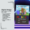 Colorful Mario Invitation Template featuring Mario and party elements, customizable text for a fun kids' celebration.