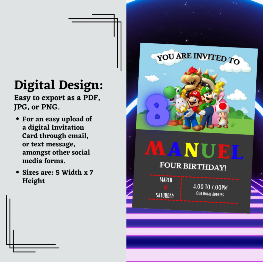 Colorful Mario Invitation Template featuring Mario and party elements, customizable text for a fun kids' celebration.
