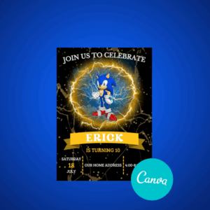 Sonic Birthday Invitation Template featuring Sonic the Hedgehog design, customizable text and fonts in Canva, perfect for a fun and speedy birthday party.