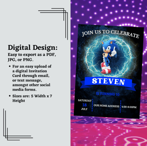 Bright and colorful Sonic Birthday Invitation Card featuring Sonic the Hedgehog with sparkles and fun design, perfect for kids’ birthday parties.