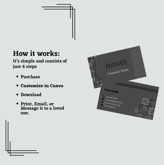 Editable business card -black template with a sleek, professional design created in Canva for personal branding or business promotion.